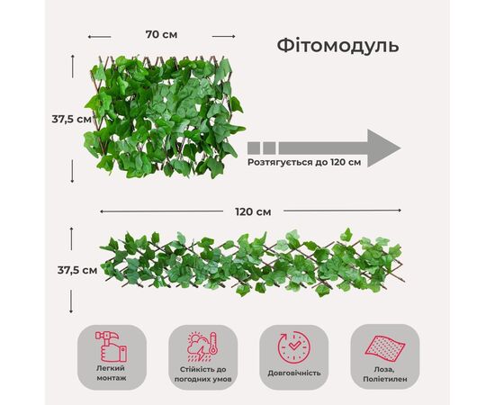 Декоративная панель из искусственной зелени и лозы "Плющ", 37,5*120 см, изображение 6 ᐒ купить на  ❤ Like7km.com.ua